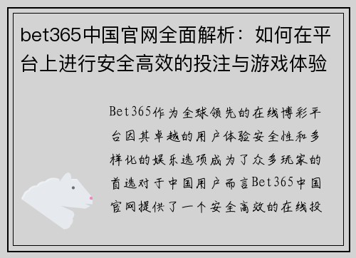 bet365中国官网全面解析：如何在平台上进行安全高效的投注与游戏体验